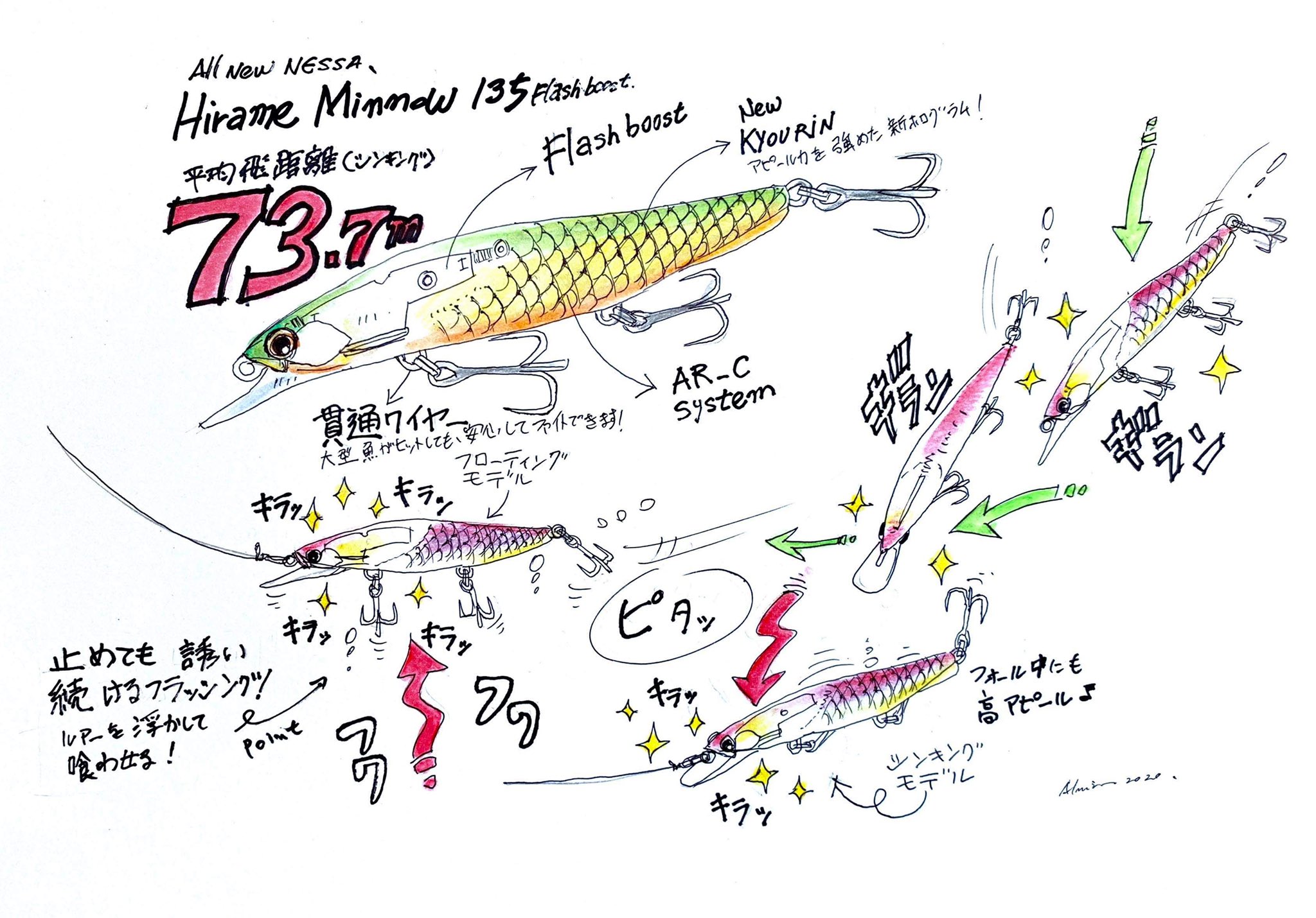堀田光哉 ホッティー 熱砂ヒラメミノー135フラッシュブーストの特徴をイラスト化 シマノの担当者が描いてくれました 上手いなぁ 堀田光哉 ホッティー 熱砂ヒラメミノー135フラッシュブーストの特徴をイラスト化 シマノの担当者が描いてくれました 上手いなぁ