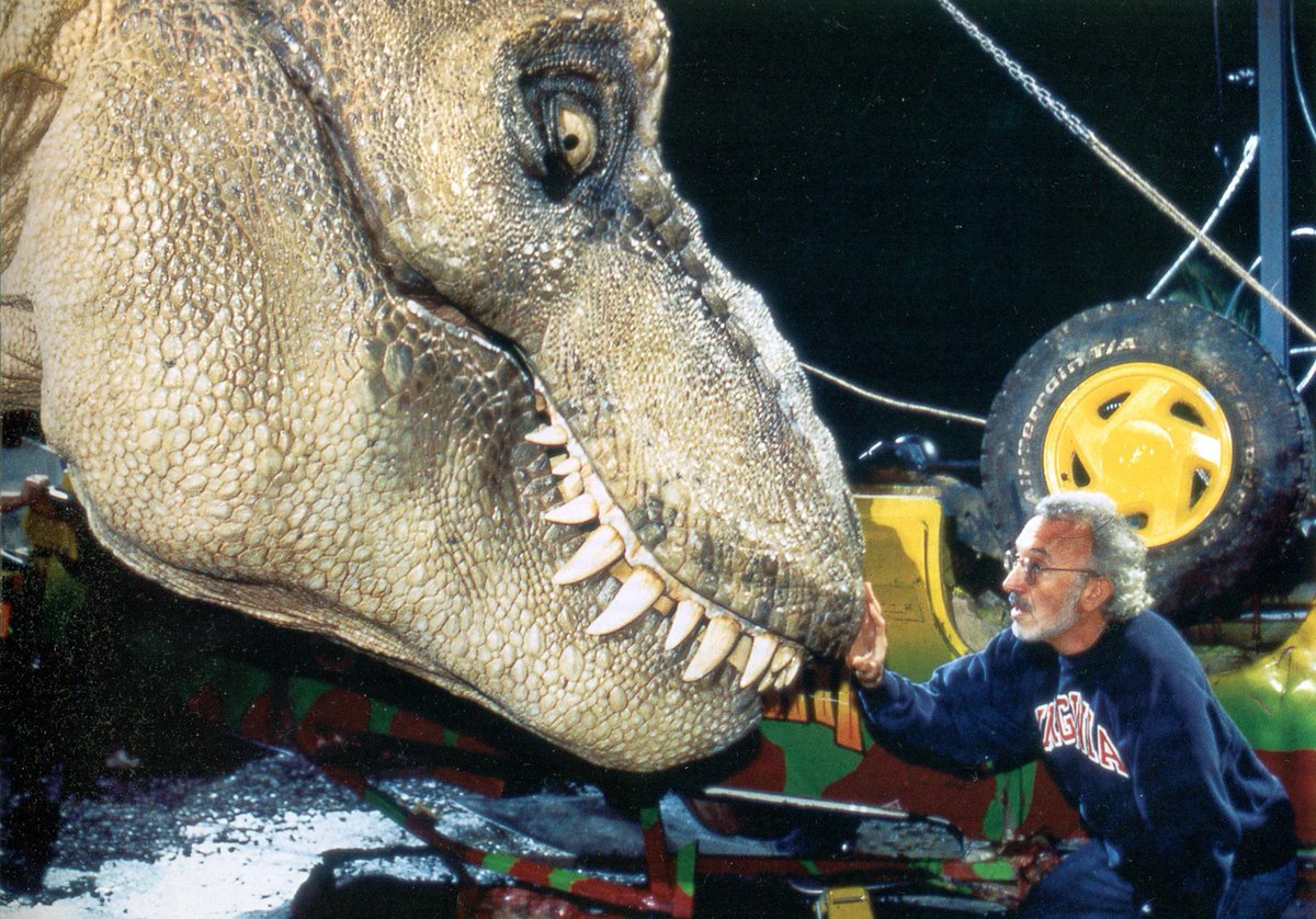 Stan Winston with his animatronic T. rex on the set of #JurassicPark