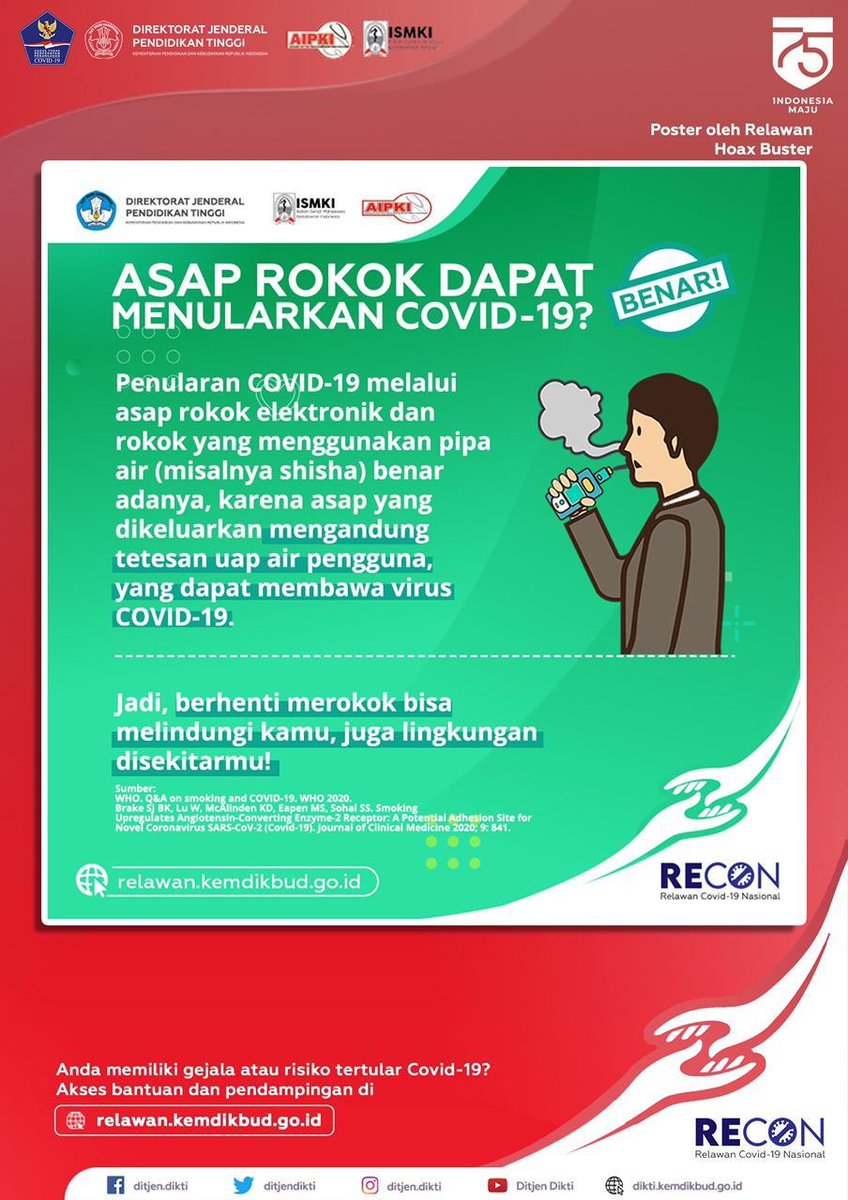 VnaZynah's tweet photo. Sudah tau kebiasaan baru di salon, barbershop dan tukang cukur? Yuk dicek!
Mari terapkan kebiasaan baru!
...
Yap, benar. Asap rokok elektronik mengandung tetesan uap air yang dapat membawa COVID-19. Yuk berhenti merokok!

Stay safe!

#RECONSIGAP
#RelawanKemdikbud
#SiapAdaptasi https://t.co/LWxb05OcqP