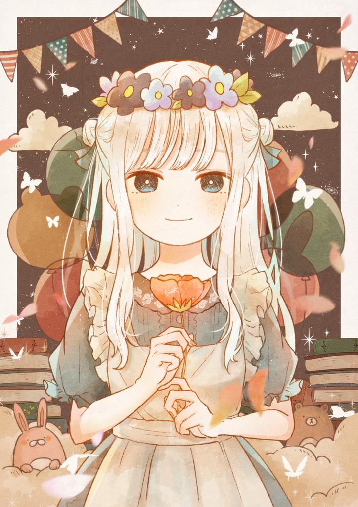 1girl flower holding flower holding solo apron hair bun  illustration images