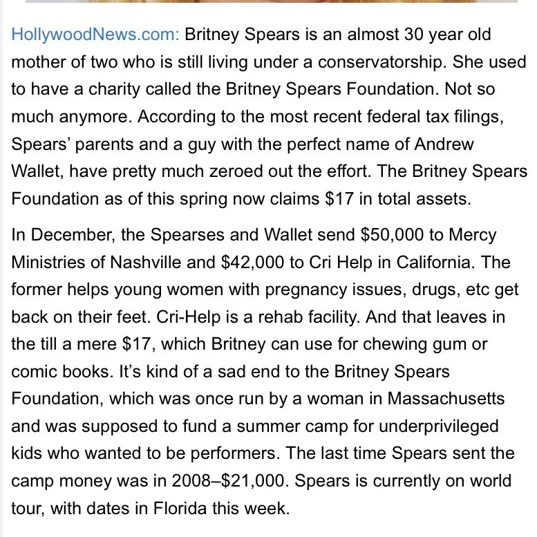 ביולי, האפוטרופוסים מודיעים על פשיטת רגל של ארגון הצדקה של בריטני The Britney Spears Foundation וטוענים כי קופת הארגון עומדת על כ-17 דולר. מעל 50 אלף דולר נתרמו לכנסיות בנאשוויל בהן לו טיילור כיהנה כחברת כבוד