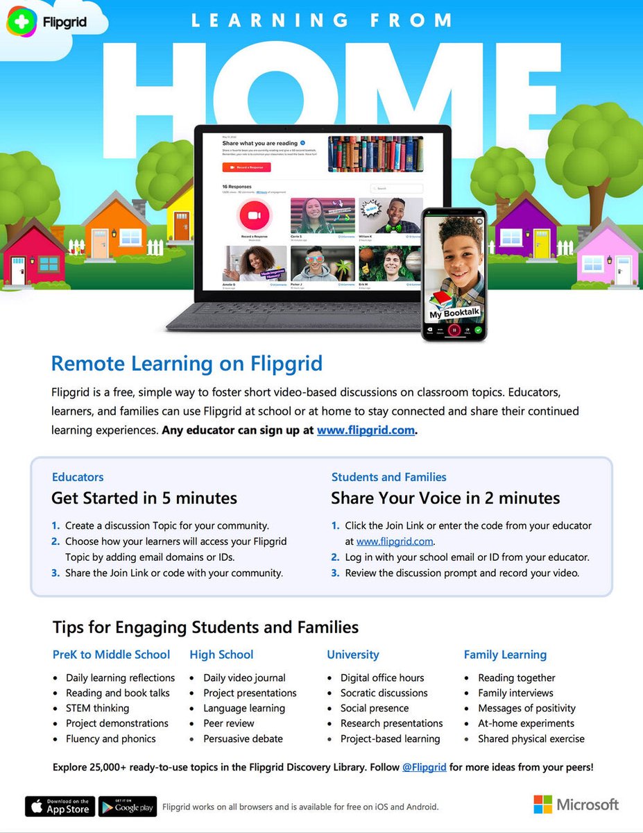 This one page PDF contains all the information you need to get started using @Flipgrid in a remote learning environment.

Learn more at blog.flipgrid.com/news/remotelea…

#FlipgridForAll 💚