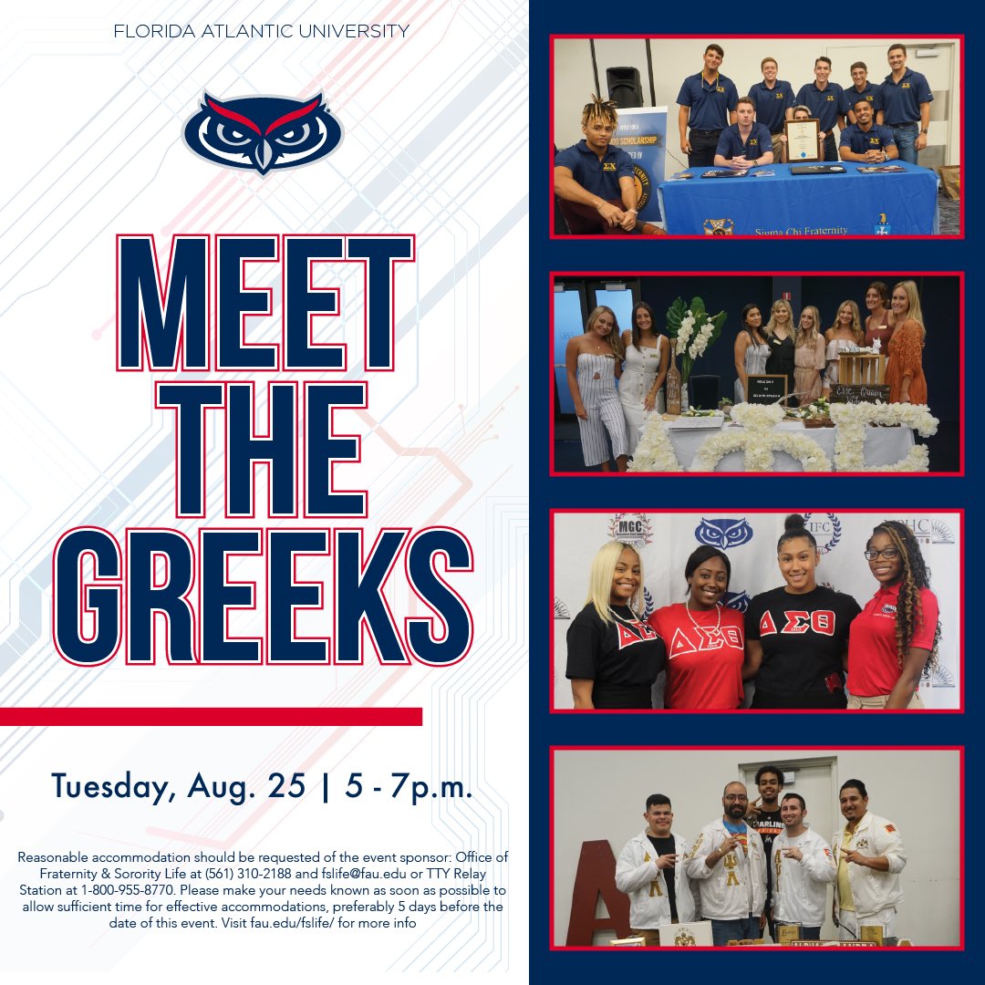 Meet The Greeks is coming up in a few days. 👀 We hope you all are as excited as we are! 

Get acquainted with the different organizations on campus on August 25th, from 5-7 p.m.

Register here to attend: tinyurl.com/FAUMeettheGree…

#FAU #FAUFSLife #FAUGreeks