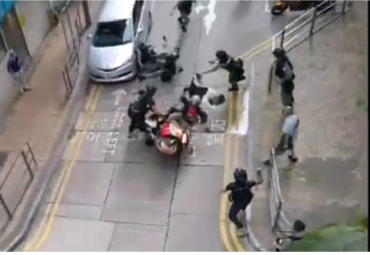 Some incidents in Hongkong Mong Kok 10.05.2020(Fire set by rioters) Tin Shui Wai 06.05.2020(Middle aged woman bullied and kicked by rioters) Wan Chai 01.07.2020(Rioter ramped his bike into police)Causeway Bay 01.07.2020(Police officer stabbed by rioter)