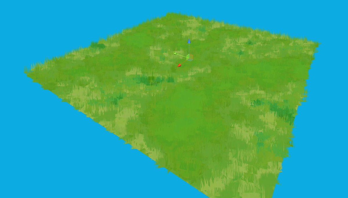 x_pokoponmaru_x's tweet image. blenderで連日TLにアニメのような草地をつくられているのをみてすげーって思って、Unityでもできる?かなっておもったらできた!(現実的な問題は別として・・・)テクスチャーカラーをパーティクルに出して草の形状で並べただけ。
#Unity #particlesystem