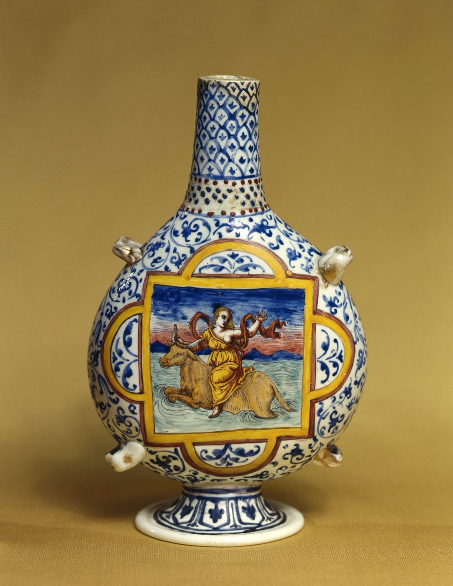 Finally, lattimo or milk glass is an opaque white glass and decorated with enamel, meant to resemble enamelled Chinese porcelain.From 16th century, a flask shaped like a pilgrim's flask with the scene of abduction of Europa: