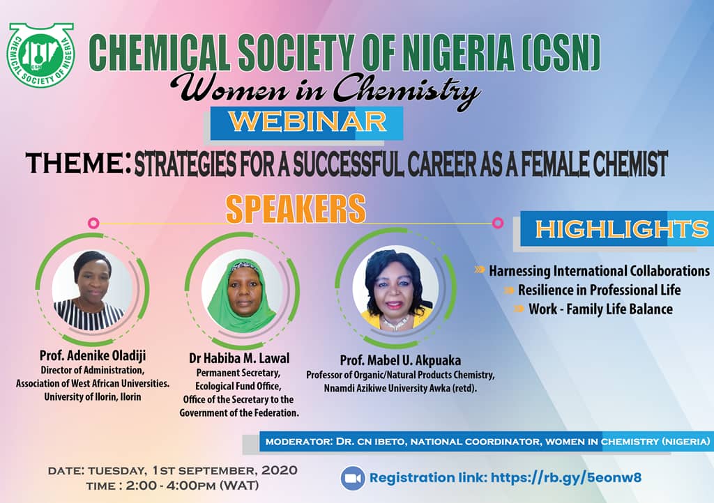 Join us for the Women in Chemistry (Nigeria) webinar. 
To register, click rb.gy/5eonw8