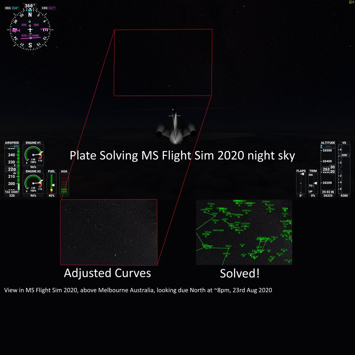 kevinburfitt's tweet photo. I plate-solved the night sky from #MicrosoftFlightSimulator2020 - it appears to be accurate (for the current location, heading, time, and date!)
@neiltyson would be proud! #Astrophotography https://t.co/NkT2AnYbqV