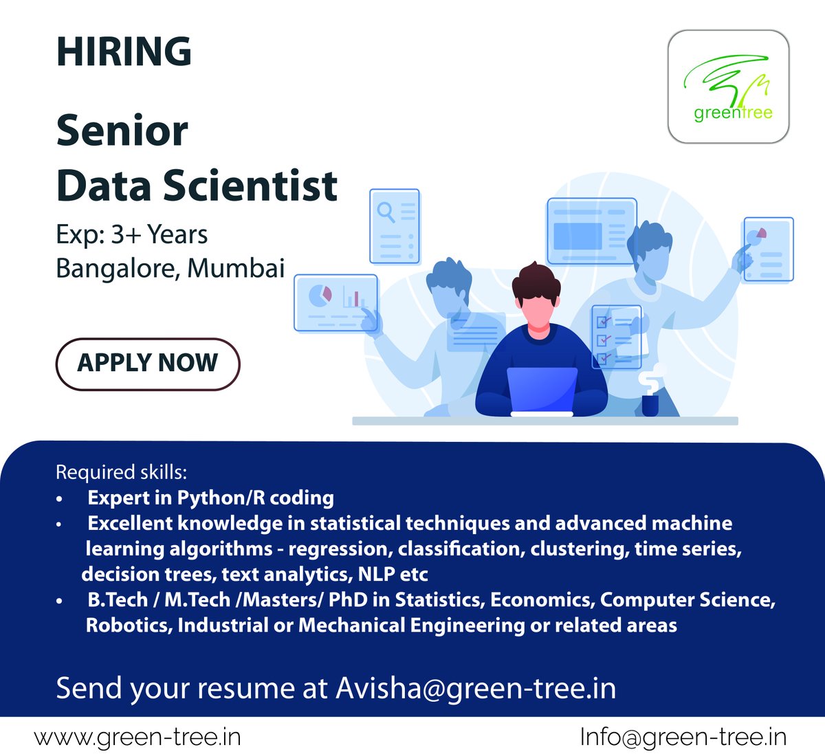 GreentreeLtd's tweet photo. #HiringNow
Senior Data Scientist

#Jobseekers #jobinterview #jobseekers #pythondevelopers #nlp #textanalytics  #datascience #dataanalyticsjobs #bangaloredatasciencejobs #mumbaijobs #recruitmentconsultants #matlabs #neuralnetwork #jupyter #datascientist #datasciencecourse https://t.co/nJ8INzOyoE