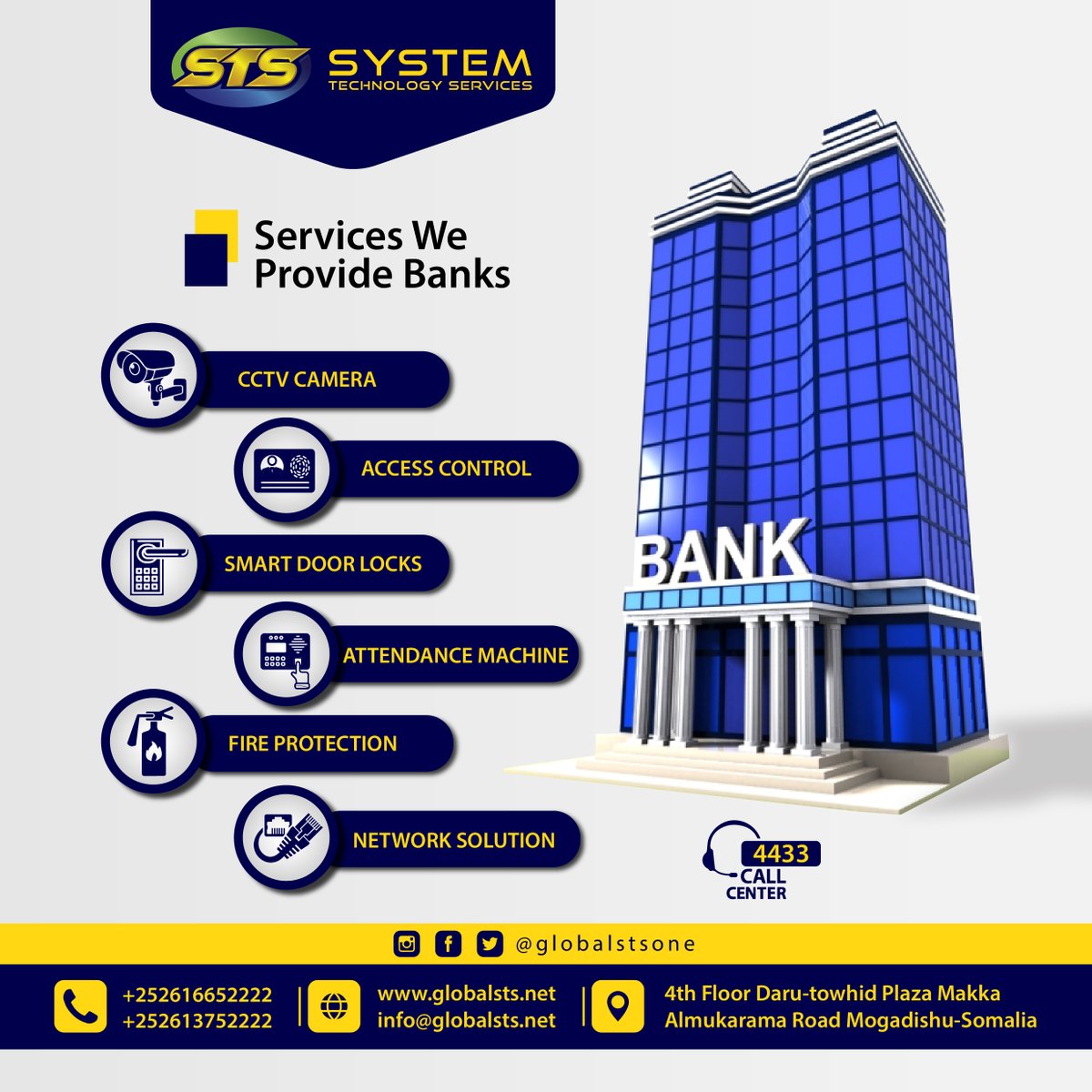 globalstsone's tweet photo. #Services_We_Provide_Banks
Waxaan Bangiyada dalka aan uhaynaa adeeg Technology dhameystiran sida: #CCTV_Camera, #Smart_Door_Lock, #PBX_Phone, #Attendence_Machine, #Fire_Protection, #Network_Solutions. iyo adeegyo kale.
Wixii intaas dheer fadlan nagala soo xiriir: 4433 https://t.co/HLmfBUTVnC