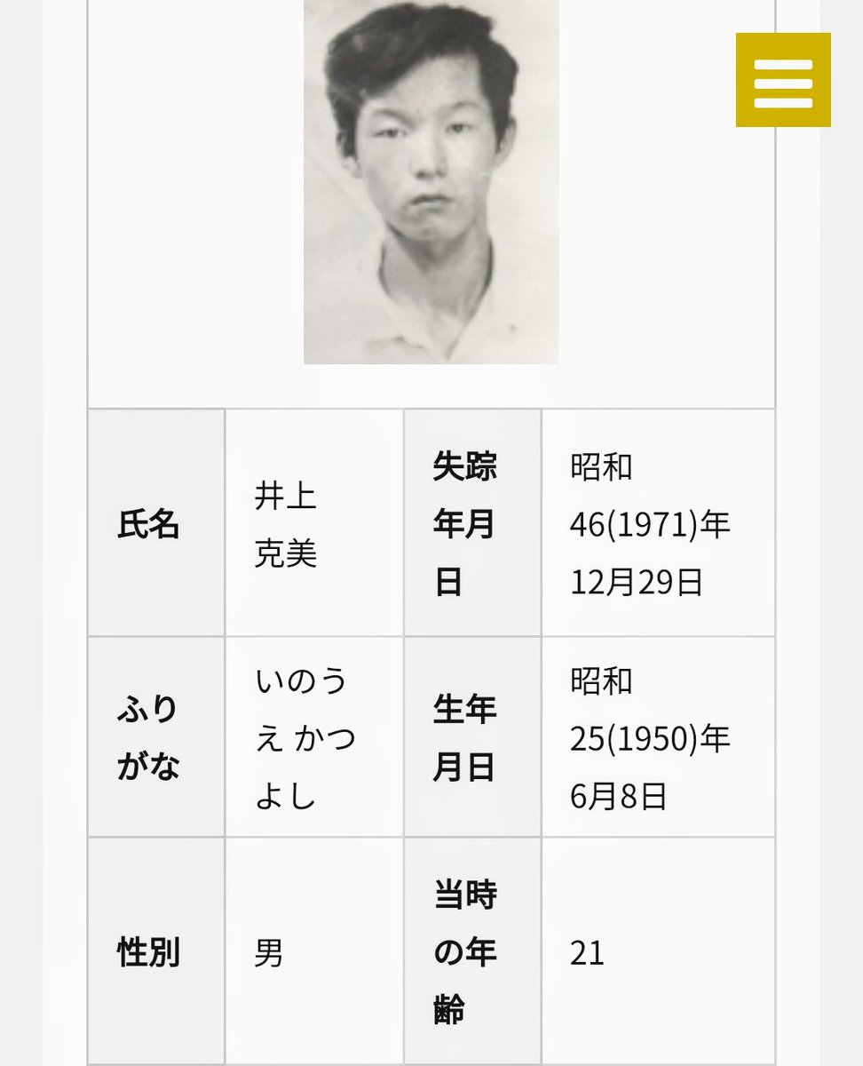 Kohakunushi Nigihayami 埼玉県川口市特定失踪者 井上克美 さん失踪状況 昭和46年 1971 12月29日 会社の忘年会の後 川口市内の飲食店で飲み 午前0 1時 寿司屋で食事をした後友人と別れた 当時泥酔状態 拉致被害者全員奪還 特定失踪者全員奪還