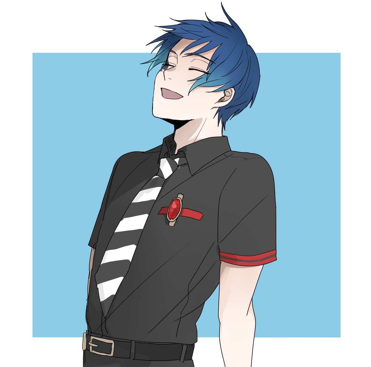 1boy male focus solo blue hair necktie closed eyes smile  illustration images