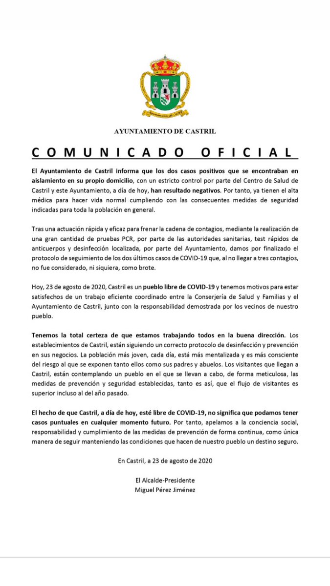 A día de hoy #Castril es un pueblo #LibreDeCovid!! 

Son datos muy buenos para este pueblo y la comarca de Baza-Huéscar en general.

Entre todos l<a href="/s/">『S』</a> castrileñ@s  lo  vamos a conseguir!!