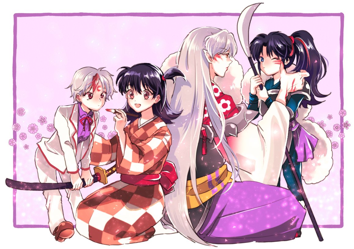 weapon japanese clothes sword multiple girls 2girls checkered clothes checkered kimono  illustration images