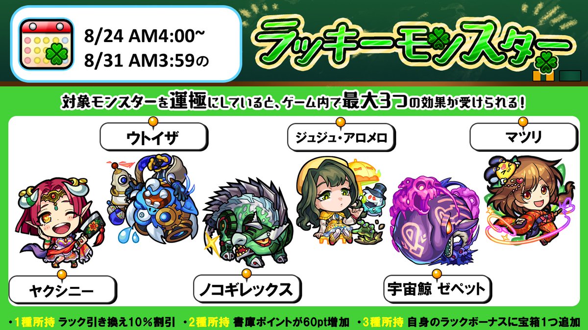 モンスターストライク公式 モンスト 次回のラッキーモンスター 対象モンスターを運極にしている種類数に応じて 最大3つの効果が受けられます 詳細はこちら T Co Grzhh23tka モンスト