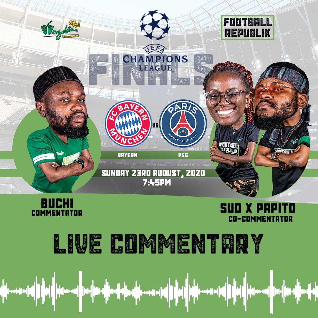 Wazobia_FM's tweet image. Brodas &amp;amp; Sistas, today na d #UCLfinal between @fcbayern Vs @psg 
.
So diafor @ 7:45pm @Buchi_Laba X @OfficialSuo X @papitowazobiafm go assemble galavate una wit shanor shanor #pidgincommentary
.
No miss d goat meat for pot of soup  
#uclfinal
#uefa 
#baypsg 
#psgfans 
#bayernfans