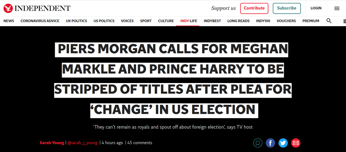 Exhibit 36:  #PoliticsGate Piers Morgan is enraged Meghan featured in a video urging people to vote in the US election, forgetting that she has left the Royal Family and she is actually American. Prince Charles wrote political letters for years. And former Kind Edward VIII?