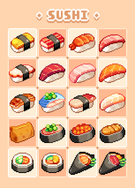 最近好想要吃壽司，特別是炙燒過的，超好吃！😋🍣
#pixelart #ドット絵 #food #sushi