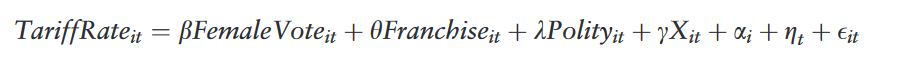 ...where he evaluates a model that seeks to understand how a country's average tariff rate (total customs revenue divided by the value of total imports) is influenced by the country granting universal suffrage
