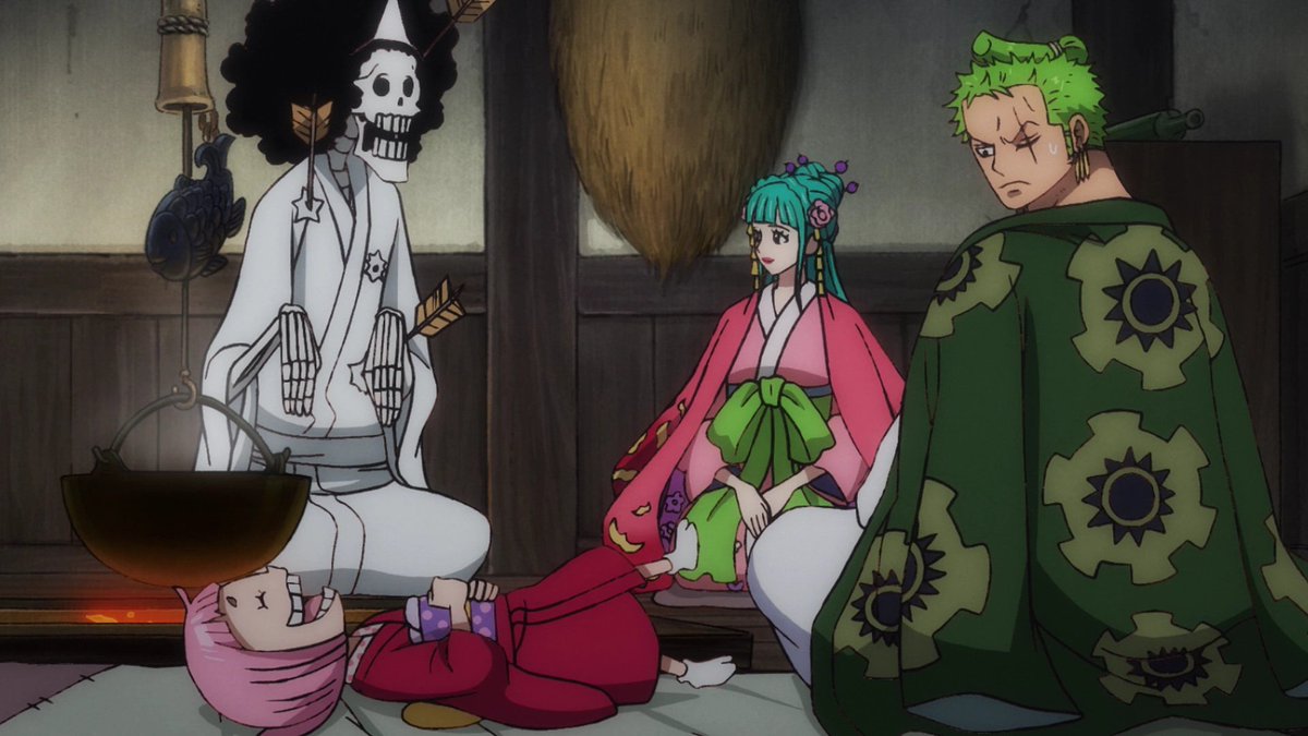 Brook stop flirting with Hiyori  Zoro About to smack ur ass. Also Zoro always so attentive towards Toko 