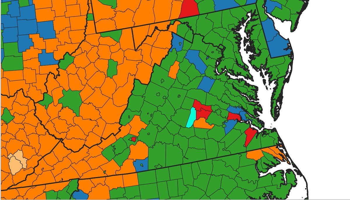 Zoom-in on VA/MD so that the Independent Cities & Tidewater counties can be seen. Green=Nixon1972, Blue=Reagan1984, Teal=Bush1988, Red=Bush2004, Light-Orange=Romney2012, Orange=Trump2016.