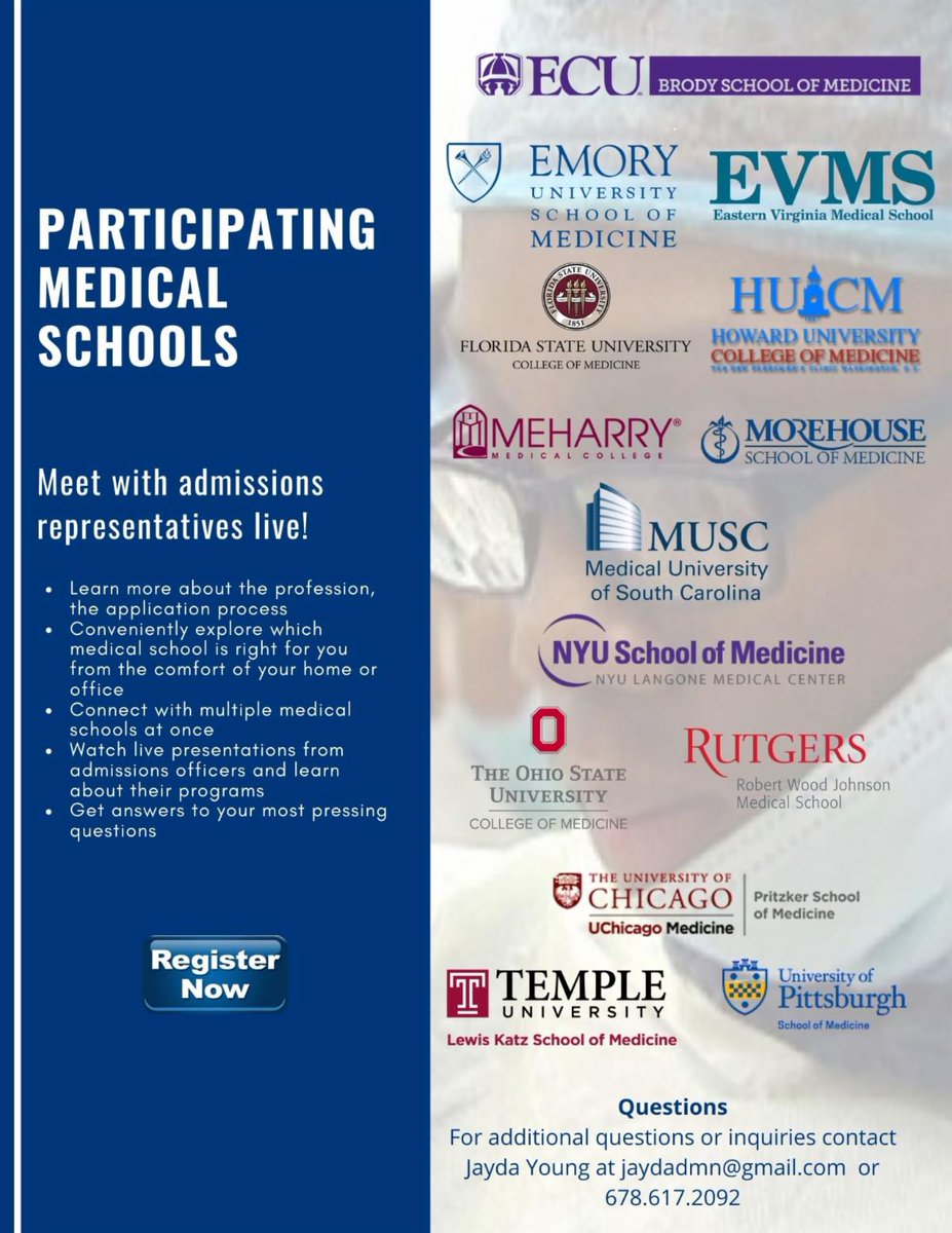 #FutureDocs: Virtual Medical School Recruitment Expo happening this Tuesday, Aug. 25th at 7pm EST! Come meet with admissions reps from multiple med schools live! 
To register: us02web.zoom.us/meeting/regist…