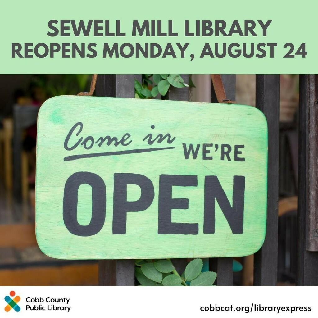 cobblibrary's tweet image. Sewell Mill Library reopens for Limited Services and resumes normal Curbside Hold Pickups hours tomorrow, Monday, August 24. Thank you!
.
For more information, please visit cobbcat.org/libraryexpress
.
#libraryexpress #curbsidepickup #cobblibrary instagr.am/p/CEPVNR7grui/