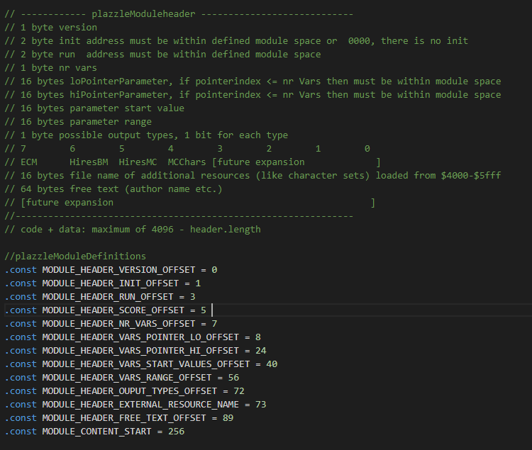 Goerp's tweet photo. And here's is the API definition in #KickAssembler format. Could be better perhaps, but making something like this in KickAssembler is new for me. It's probably ideal for #cc65, but I don't know how to use that. https://t.co/Puo5bL6EIg
