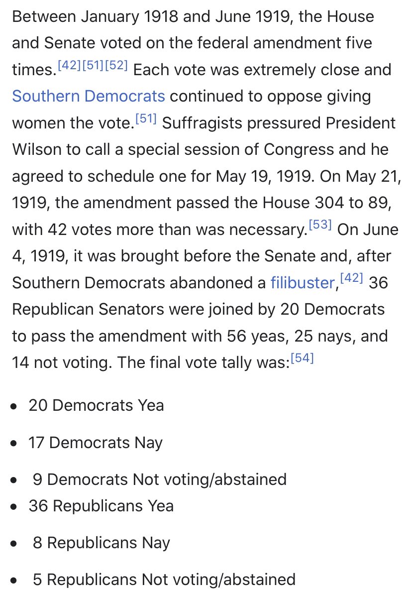 You’re so stupid: A THREADIn the congressional vote for women’s suffrage, more republicans voted Yay than Dems, with Southern Dems forming the most bitter opposition. Western states and GOP dominated states had the most expansive women’s voting rights pre ratification.  https://twitter.com/alyssa_milano/status/1296939966744780801
