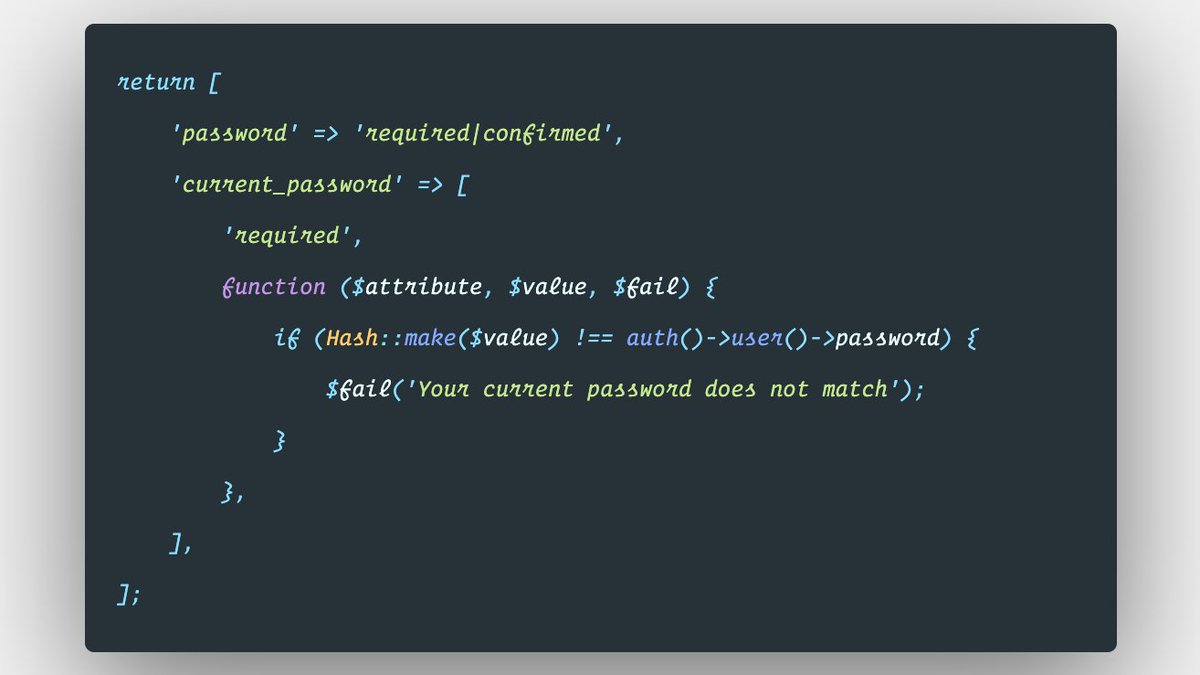 seshaCS's tweet image. Do you know, validating the current password and new password are super easy!!.  #laravelphp #laravelvalidation