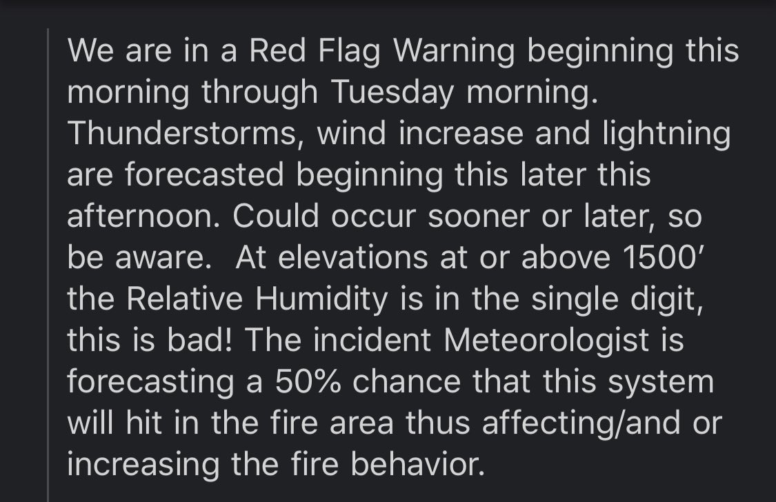 From Scott Green, a neighbor and (former?) CalFire captain and 25 year veteran firefighter (I cannot tell you how helpful he’s been over the years for our community - he speaks, we listen!) Red Flag  warning on now.  #CZULightningComplex