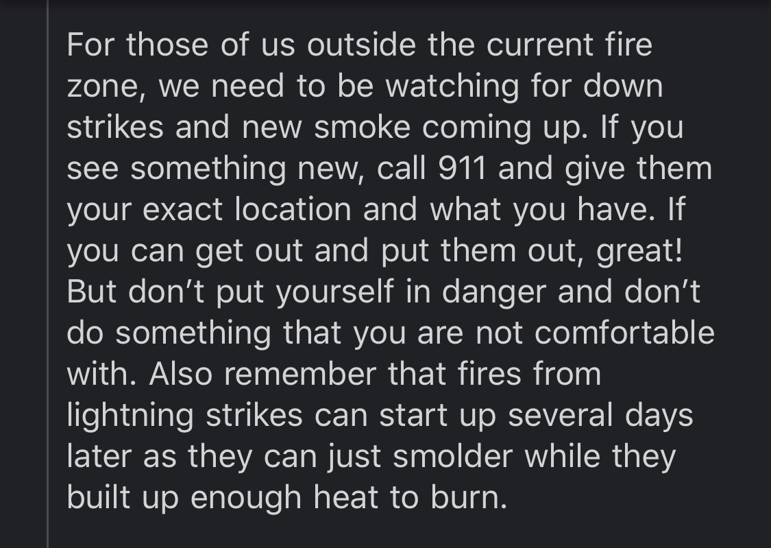 From Scott Green, a neighbor and (former?) CalFire captain and 25 year veteran firefighter (I cannot tell you how helpful he’s been over the years for our community - he speaks, we listen!) Red Flag  warning on now.  #CZULightningComplex