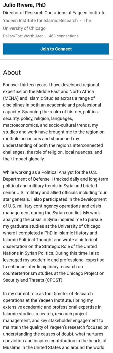 11. This is Julio's public LinkedIn profile on his role as a Political Analyst for the US Department of Defence and CIA-linked CPOST.