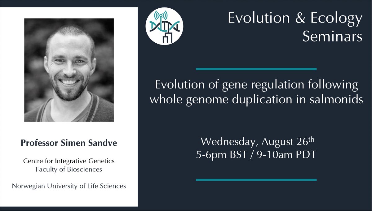 This Wednesday Simen Sandve (@srsandve) will be talking about gene regulation and whole genome duplication!

Live stream on YouTube: youtu.be/50p7G6YAqsg

Look up your local time: timeanddate.com/worldclock/fix…

Q&amp;A on Slack: bit.ly/EvoEco2