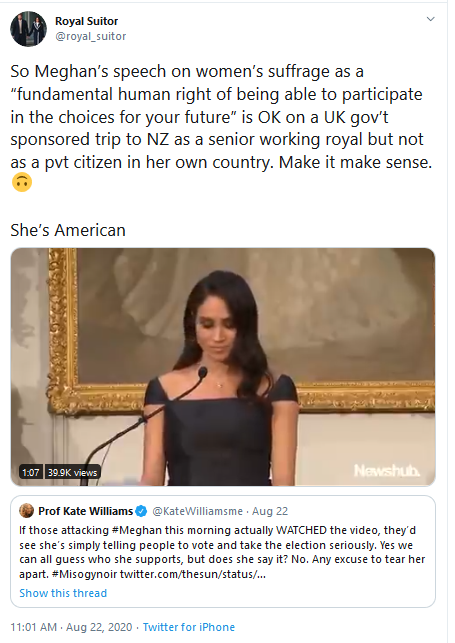 Exhibit 36A:  #PoliticsGateMeghan makes a speech in New Zealand in 2018 about voting rights and women suffrage, below the portrait of her grandmother in-law who she was representing. Very similar to the current video. Oddly, no pushback from Piers Morgan. Why?