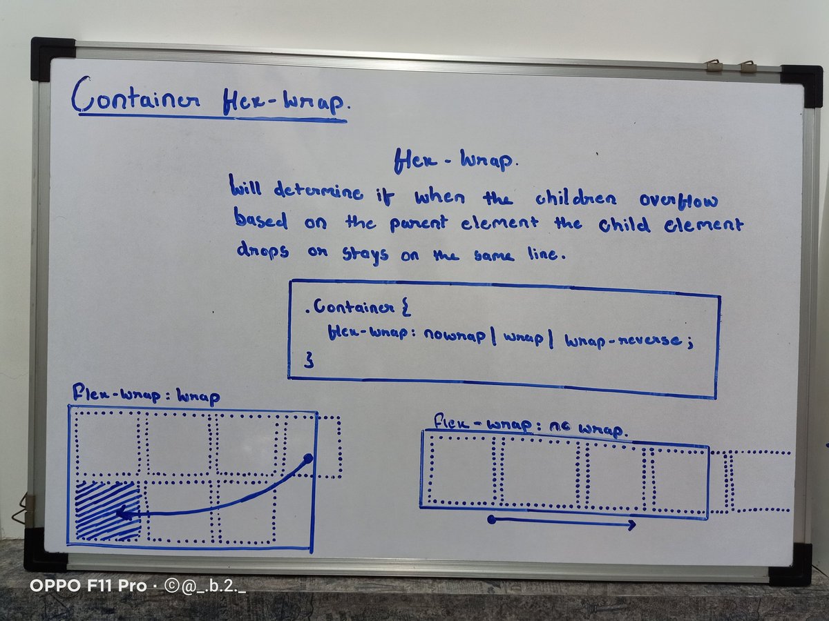 3.) Container - flex - wrap.     : Will determine if when the children overflow based on the parent element the child element drops or stays on the same line.   .container{       flex-wrap: nowrap | wrap | wrap-reverse;     }