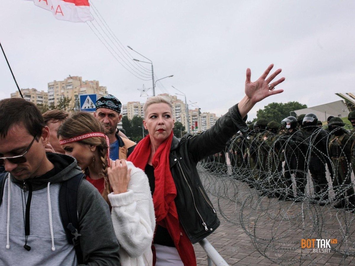One of the opposition leaders Maria Kalesnikava near barbed wire. She asks people to no provoke soldiers.