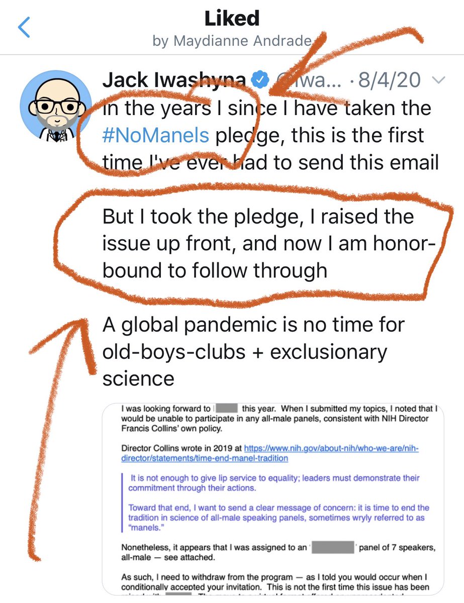 3/n In an inspiring tweet, a  #heforshe   role model shared exercising  #Nomanel pledge & declining an invite to a conference. Another  #heforshe   did the same. Now we know it’s  #eISICEM2020. Imagine if  @ISICEM organizers got a similar note from EVERY MAN they invited or registered  https://twitter.com/iwashyna/status/1290645530977153027