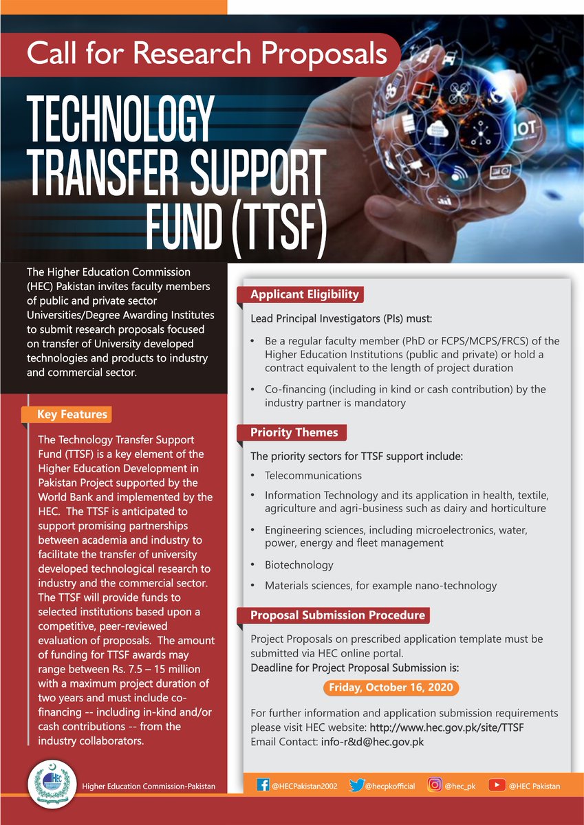 hecpkofficial's tweet photo. ATTENTION FACULTY MEMBERS 

Call for Research Proposals under 
Technology Transfer Support Fund (TTSF)

https://t.co/fyQ8xWl0z1 https://t.co/DPDsuVFeET
