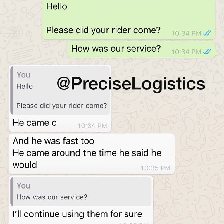 PreciseLogistic's tweet image. Here’s a review message from one of our customers.

Why haven’t you tried Precise Logistics.

Please send us a dm today, let’s help you deliver your parcels without stress.

#PreciseLogistics #Sunday #Weekend #Lagos #Review #Testimonials #Delivery #DeliveryInLagos #LagosLogistics