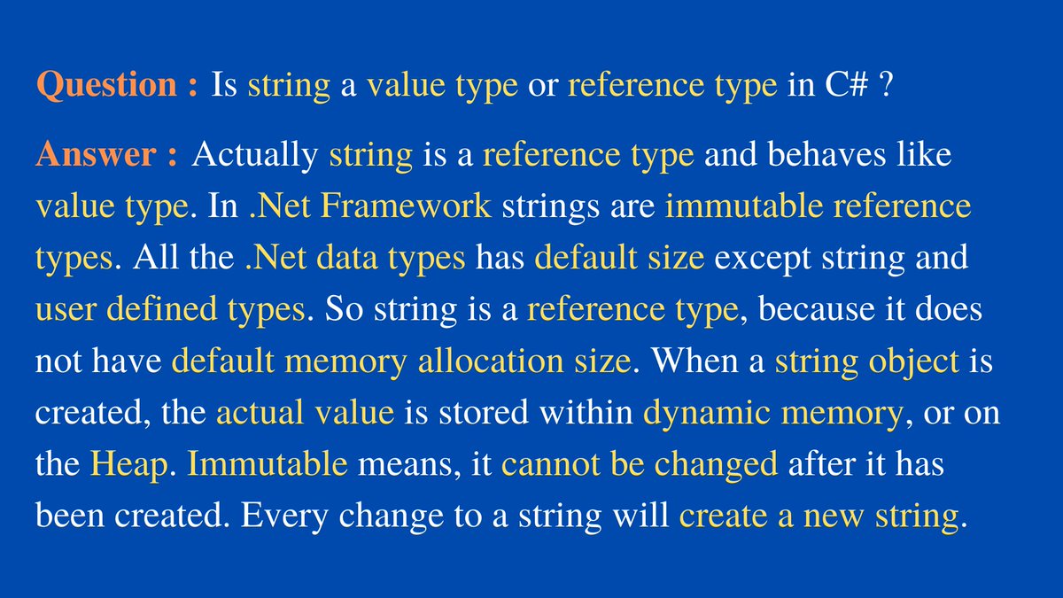 TechPointFunda's tweet image. Question: Is string a value type or reference type in C#?
#InterviewQuestionsAndAnswersByTechPointFundamentals
#CSharpInterviewQuestionsAndAnswers
#InterviewQuestionsAndAnswers