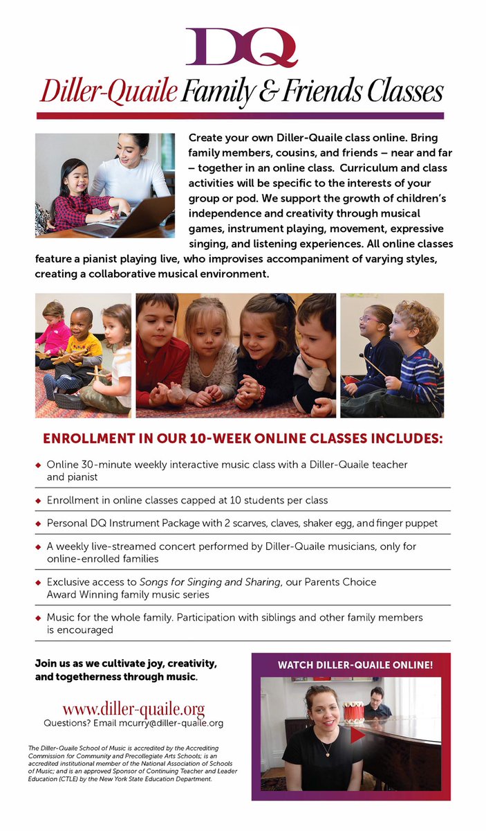 Introducing Family &amp; Friends Classes! Create your own class online and bring family members, cousins, and friends - near and far - together. All online classes feature a pianist playing live. Email mcurry@diller-quaile.org for more info.