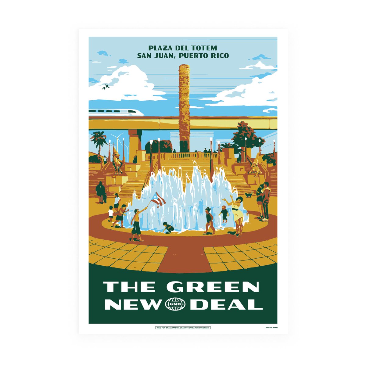 Fourth is Lazarus Nazario's poster celebrating the Plaza Del Totem in San Juan, Puerto Rico, a symbol of indigenous resilience erected as a rebuttal to the shameful celebration of the great historic monster Christopher Columbus. https://shop.ocasiocortez.com/collections/all/products/plaza-del-totem-gnd-poster9/