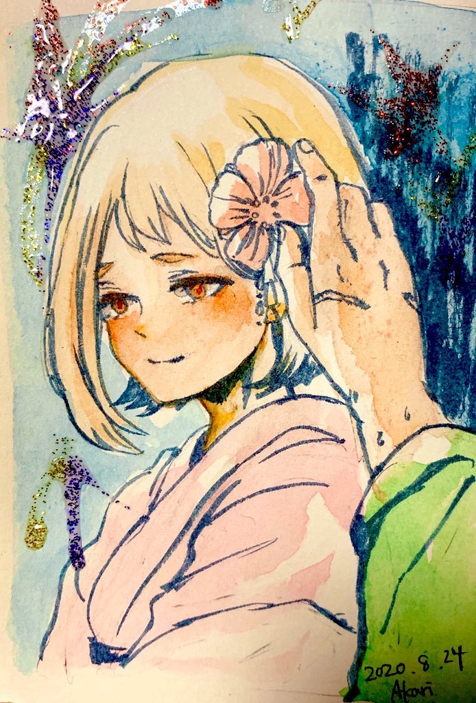 「夏祭り行ったら麗日さんの髪飾りが取れちゃったから付け直してあげる緑谷出久というデ」|灯里🐶のイラスト
