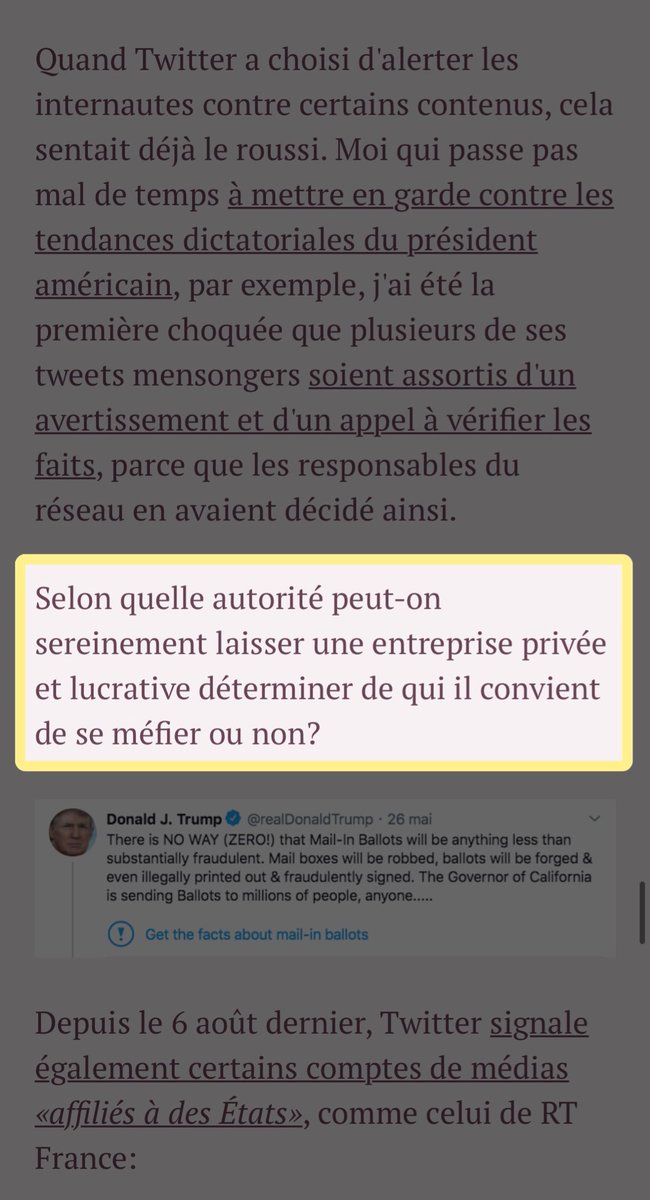 Surtout, elle pointe du doigts un sujet plus général et important sur le rôle que s& #39;arroge petit à petit Twitter & la liberté d& #39;expression à géométrie variable :