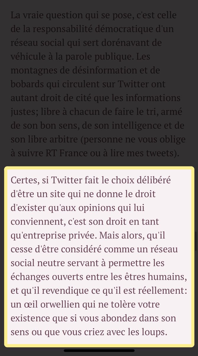 Surtout, elle pointe du doigts un sujet plus général et important sur le rôle que s& #39;arroge petit à petit Twitter & la liberté d& #39;expression à géométrie variable :
