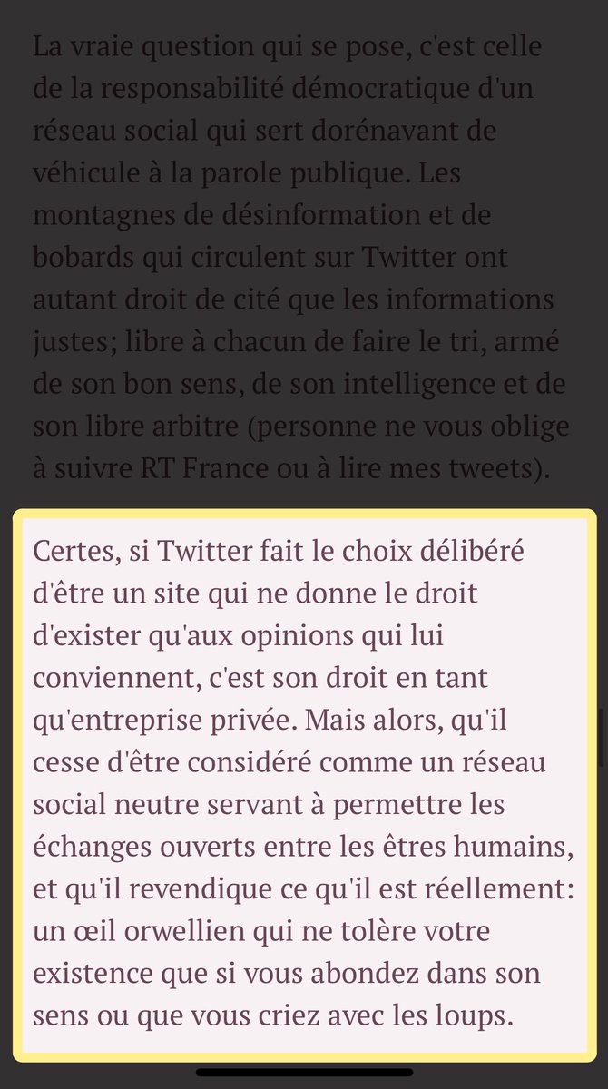 Surtout, elle pointe du doigts un sujet plus général et important sur le rôle que s'arroge petit à petit Twitter & la liberté d'expression à géométrie variable :