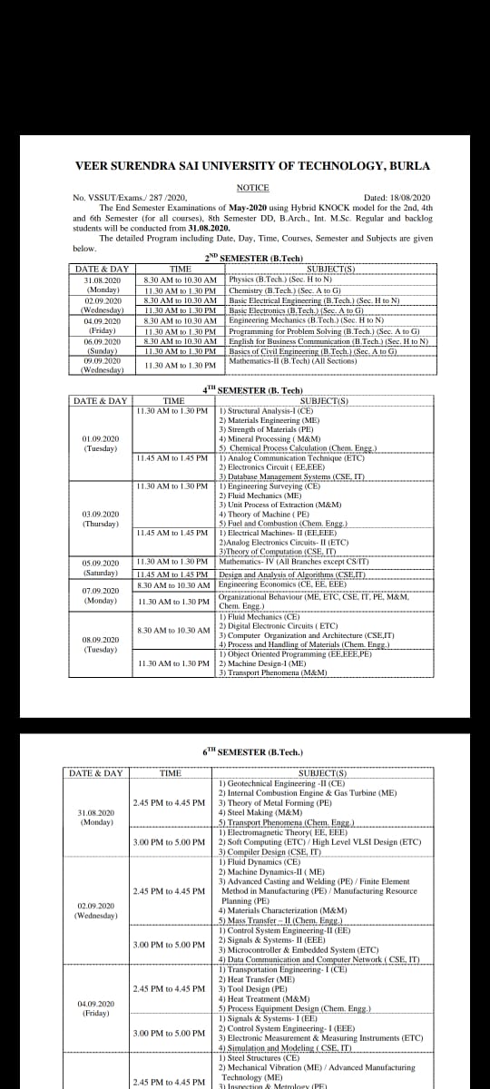The admin of  @VSSUTB released the examination dates for all the intermediate semesters without any mention of supplementary examination for all the even and odd semesters. We request everyone to take a deeper look into the matter at hand.