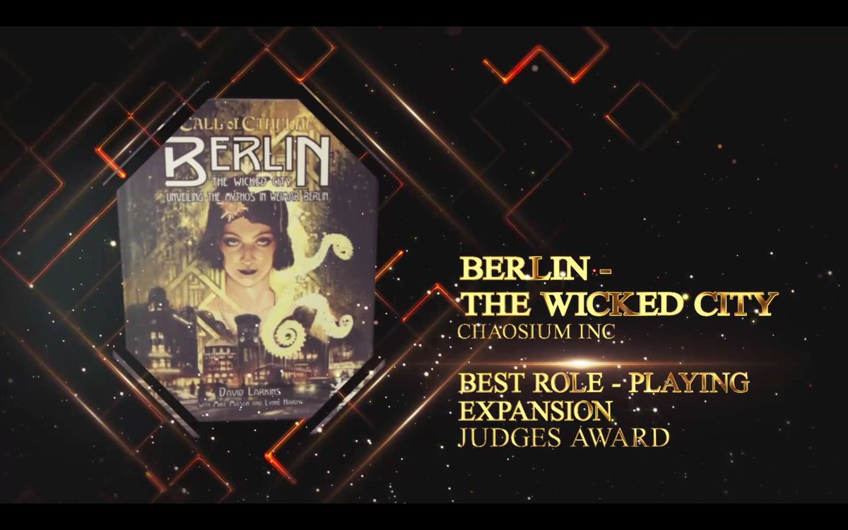 Chaosium_Inc's tweet image. Congratulations to BERLIN THE WICKED CITY – winner of both the 2020 @UKGamesExpo Judge's Award and People's Choice Award for Best Role-Playing Game Expansion!
#ukge #virtuallyexpo #callofcthulhu