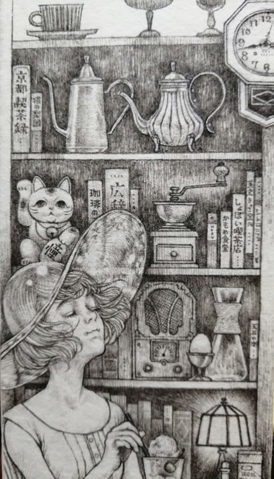 新作の線画段階です!

「アートアートアート」
会場:松坂屋名古屋店南館1階 オルガン広場
会期:8月26日(水)～31日(月)

レトロな喫茶店でのんびり☕? 